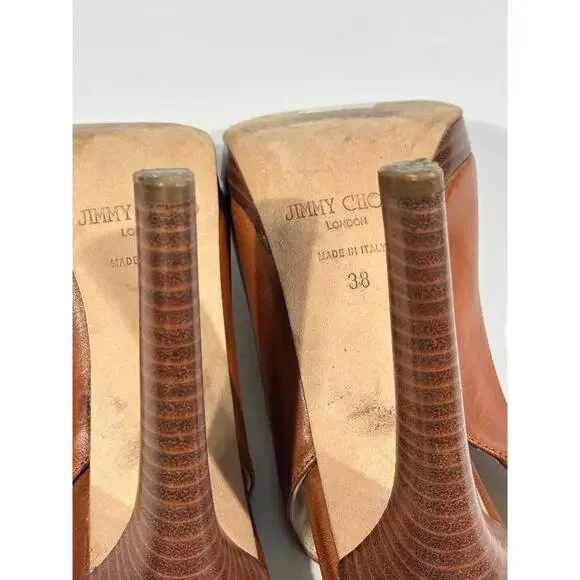 Jimmy Choo Platform Slingback Peep Roe Patent Leather Tan High Heel 7.5" - Picture 4 of 5